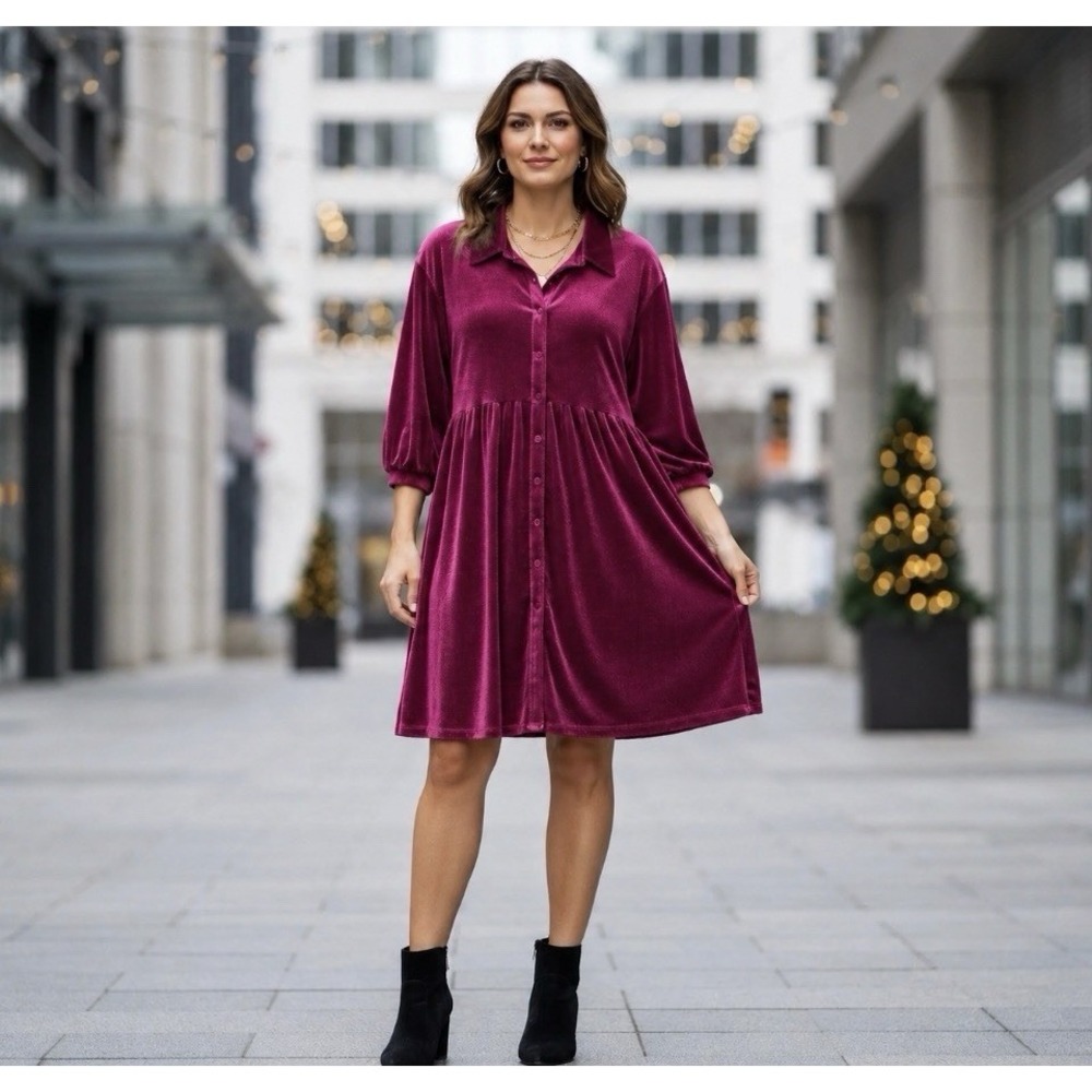 Umgee Dark Fuchsia Velvet Babydoll Shirt Dress Balloon Sleeve Button Front Sz L